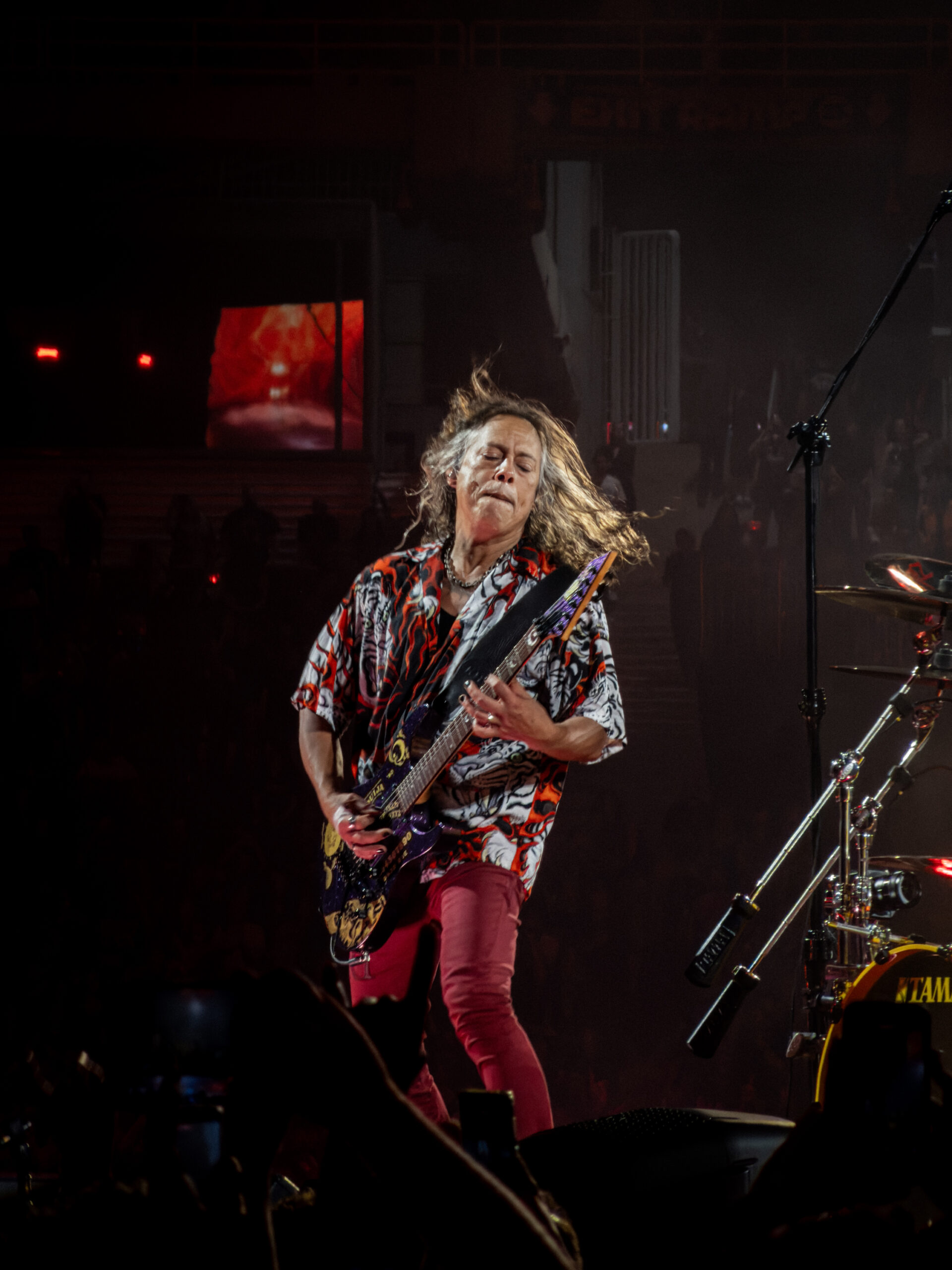 Metallica guitarist Kirk Hammett performing on stage during the M72 World Tour concert at OAKA Stadium, Athens, Greece.