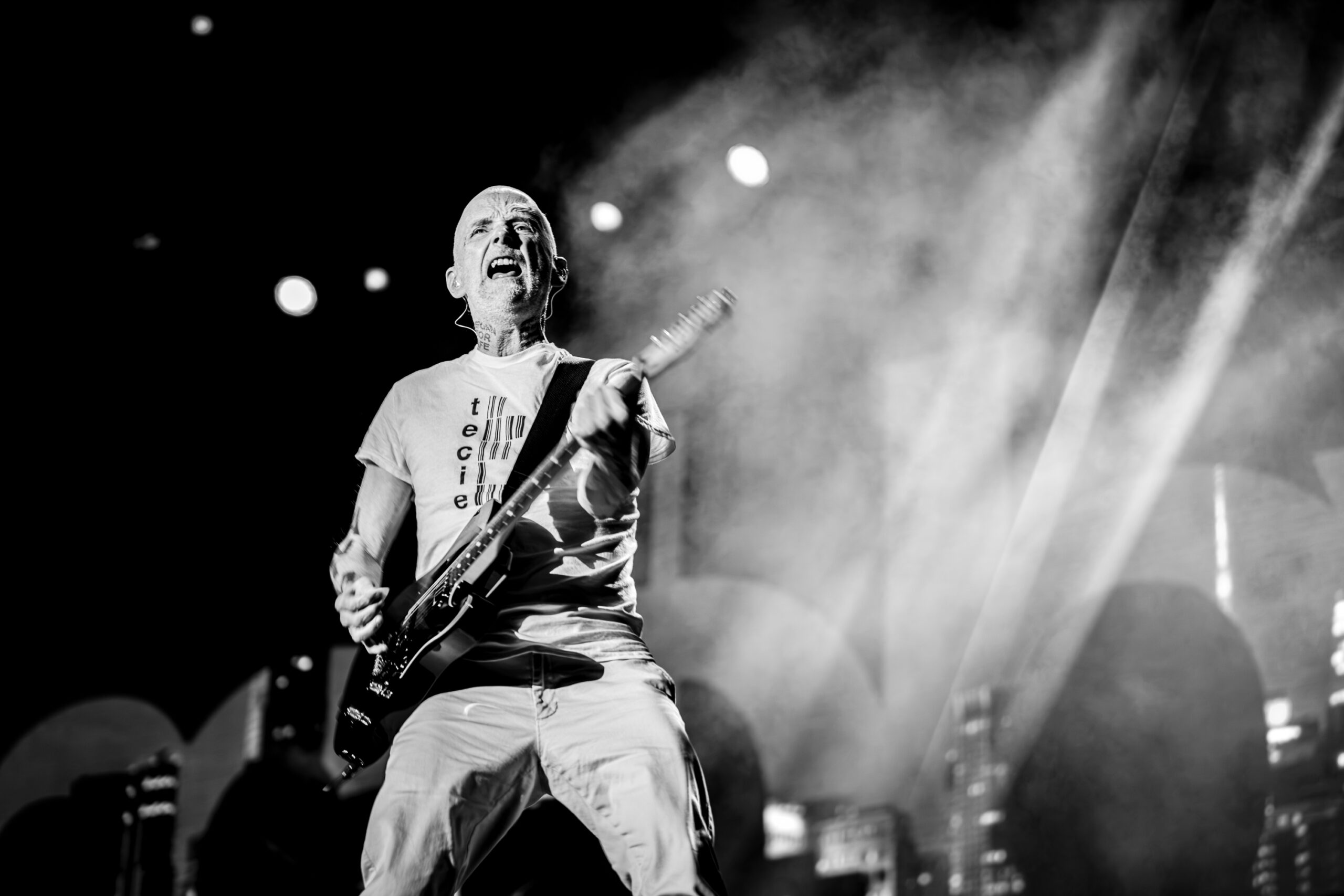 Moby delivers an intense guitar performance during his live set at Release Athens Festival, Athens.