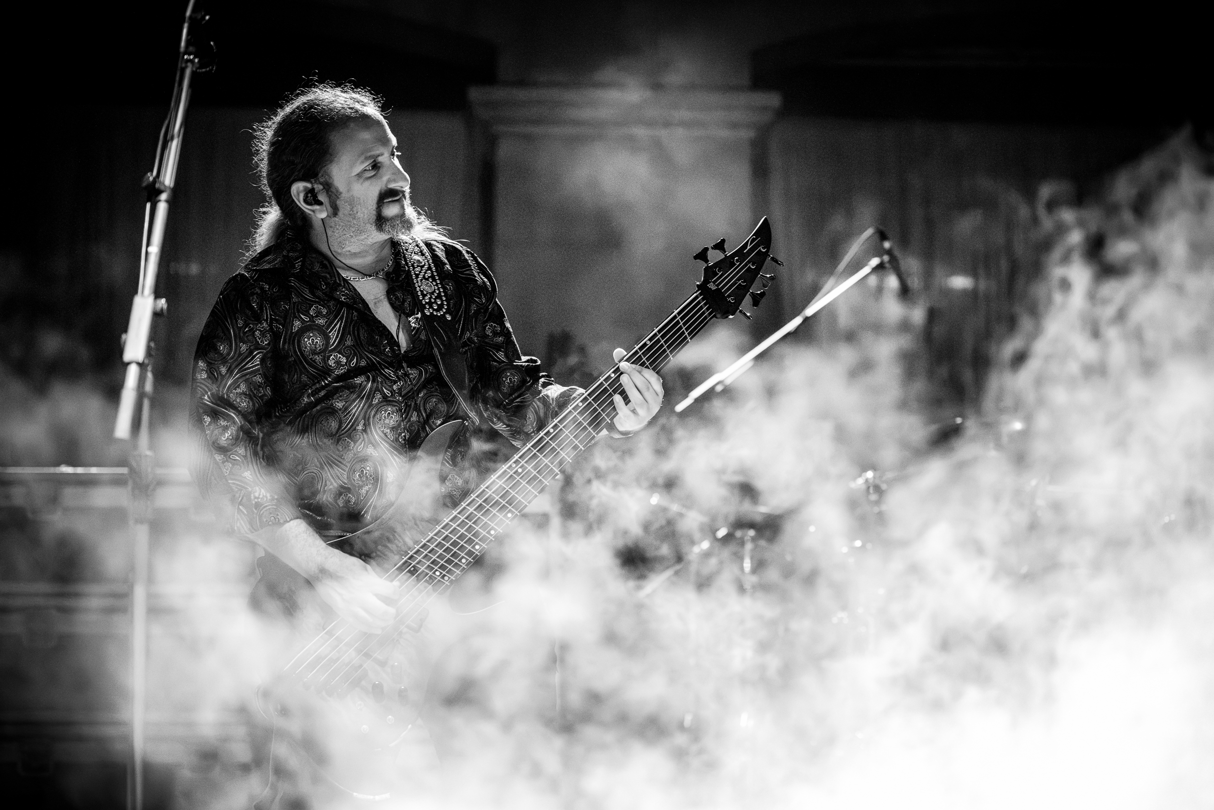 Emilio Martinez performing bass guitar with Yngwie Malmsteen at Moni Lazariston, Thessaloniki