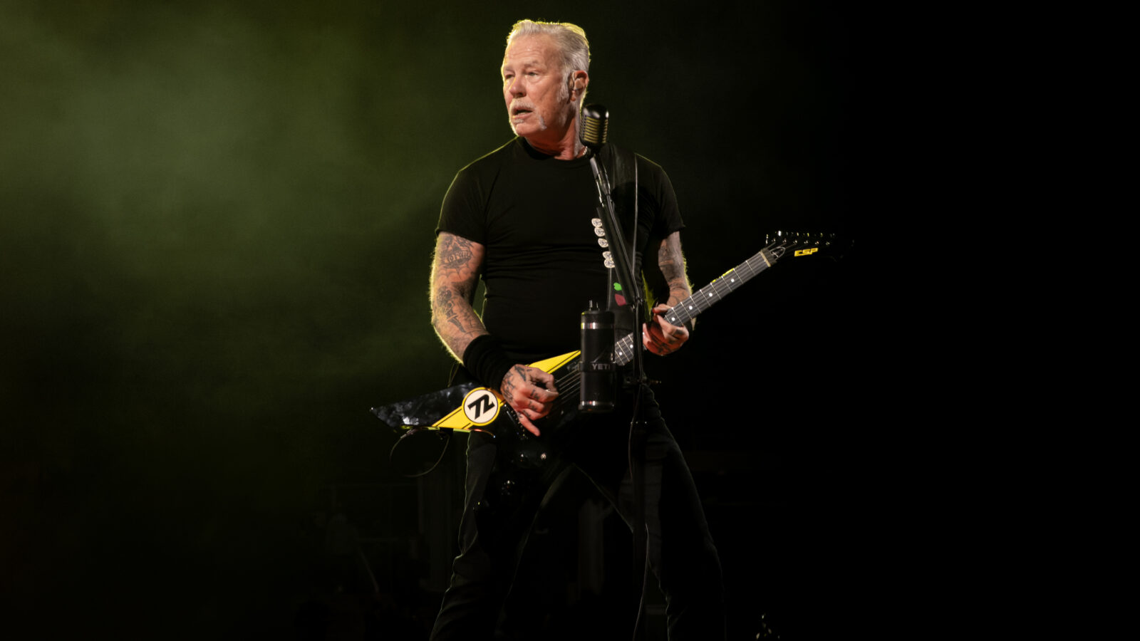 James Hetfield performing with Metallica at OAKA Stadium, Athens, during the M72 World Tour concert in 2026