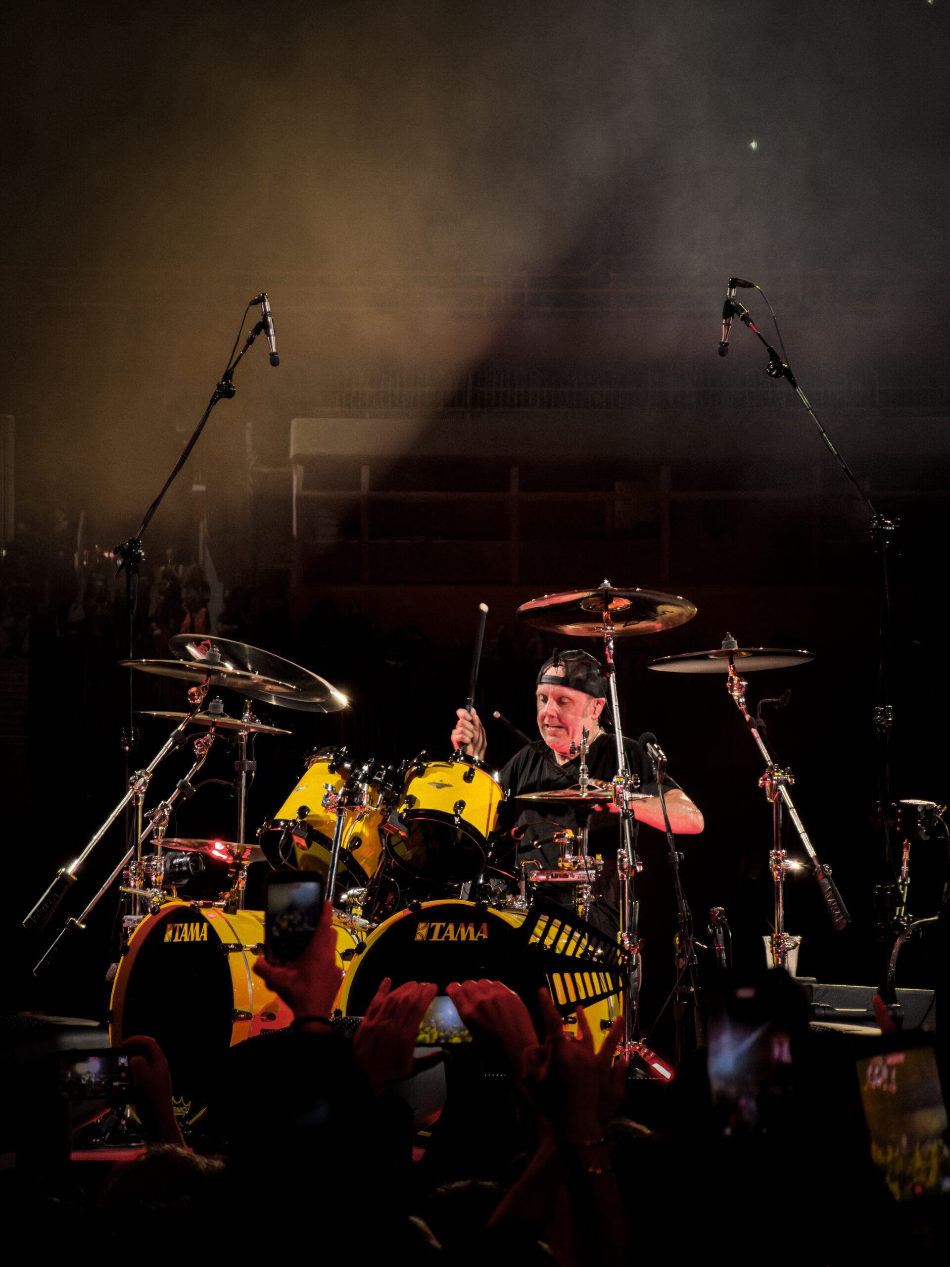 Lars Ulrich performing drums with Metallica during the M72 World Tour at OAKA Stadium in Athens, Greece