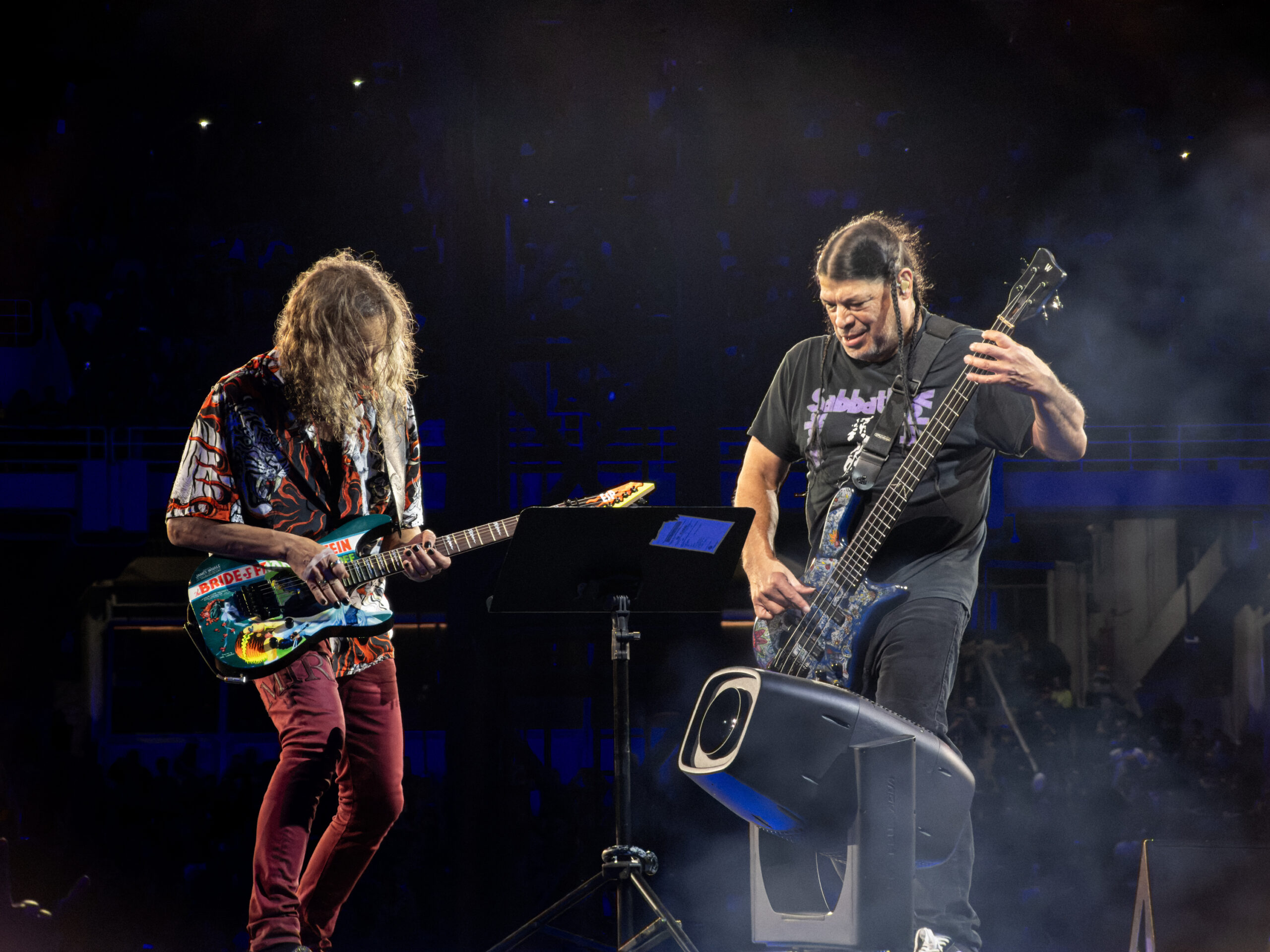 Kirk Hammett and Robert Trujillo performing Metallica’s “Kirk & Rob Doodle” segment during the M72 World Tour at OAKA Stadium in Athens, Greece.