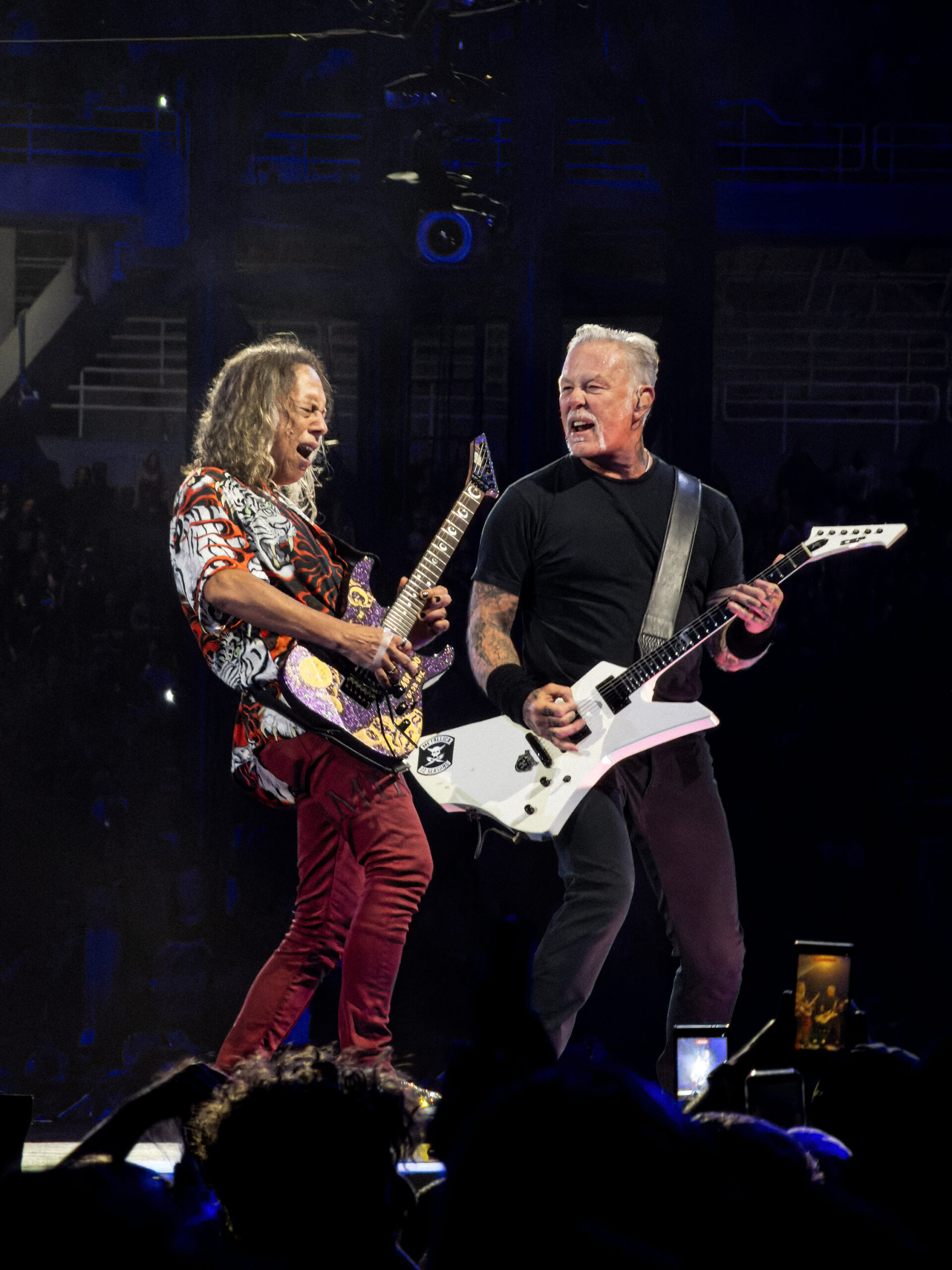 Kirk Hammett and James Hetfield performing together during Metallica’s M72 World Tour at OAKA Stadium in Athens, Greece.