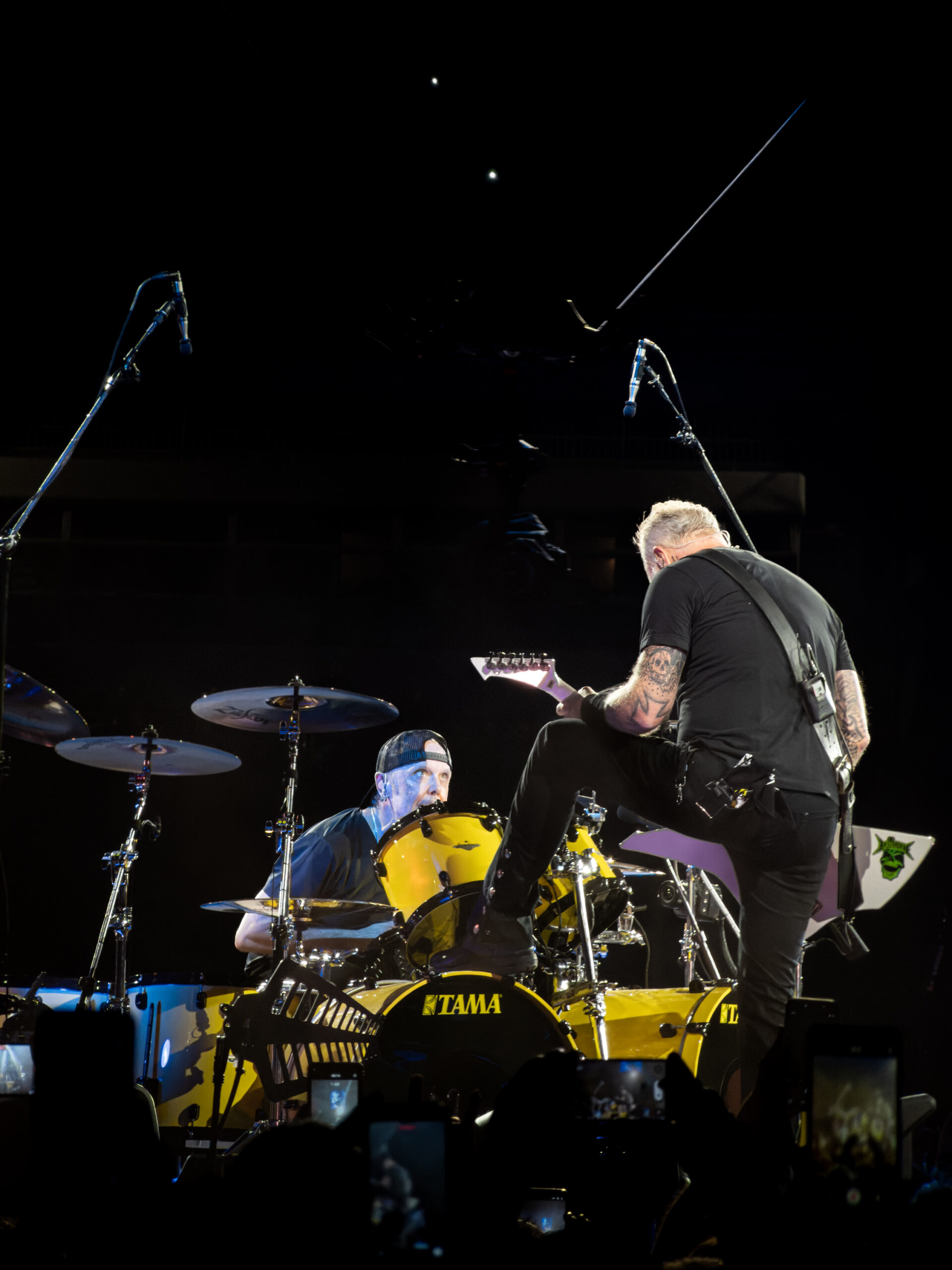 James Hetfield and Lars Ulrich performing with Metallica during the M72 World Tour at OAKA Stadium in Athens, Greece
