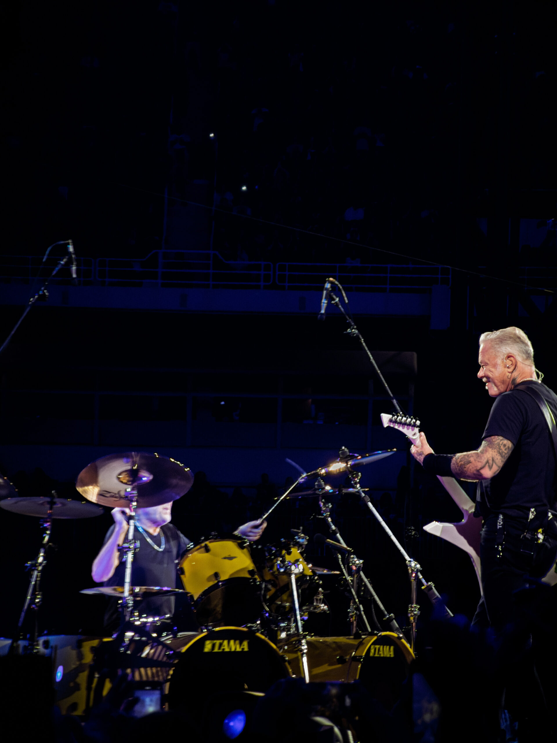 James Hetfield and Lars Ulrich performing with Metallica during the M72 World Tour at OAKA Stadium in Athens, Greece