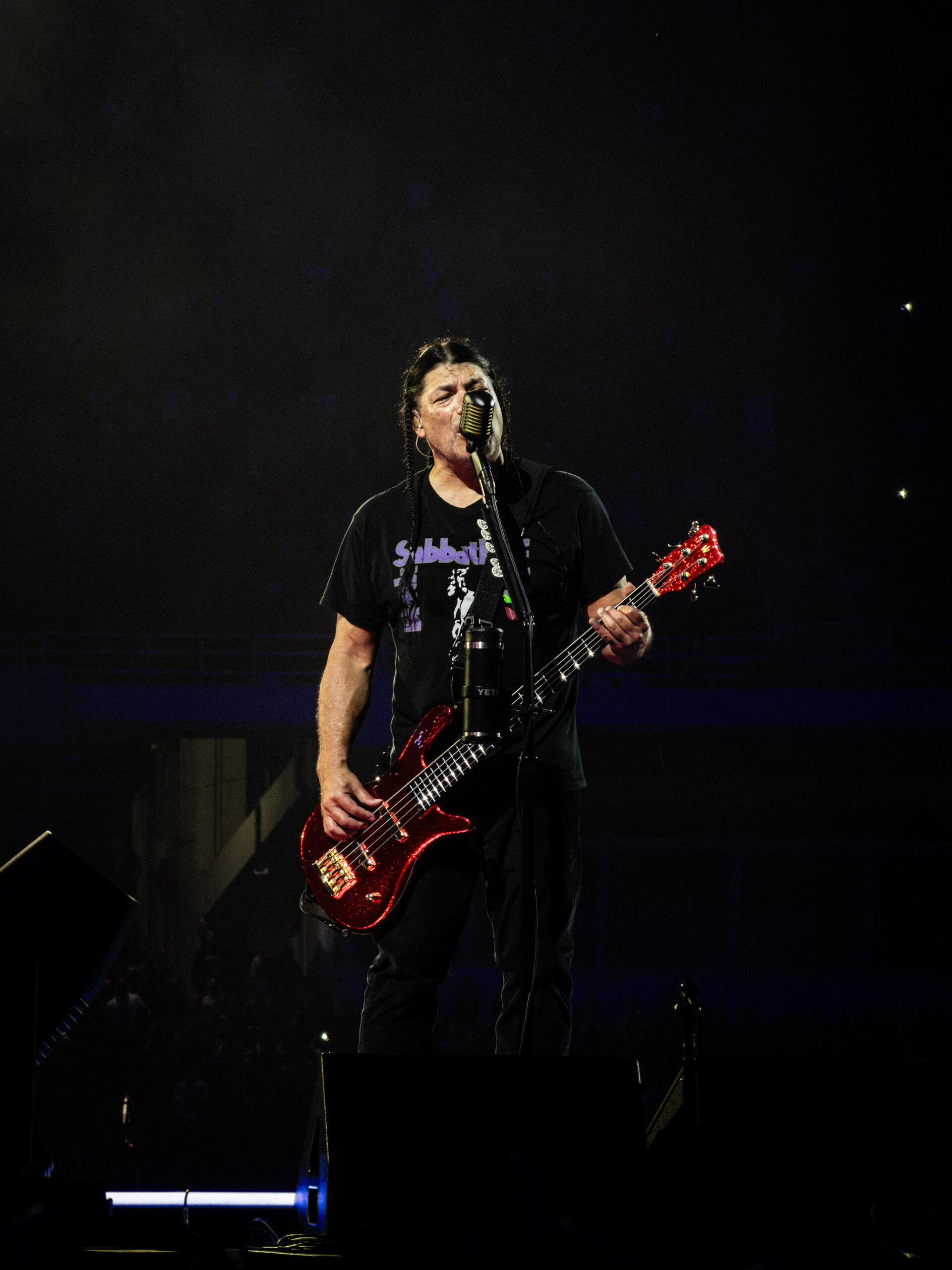 Robert Trujillo performing bass with Metallica during the M72 World Tour at OAKA Stadium in Athens, Greece.