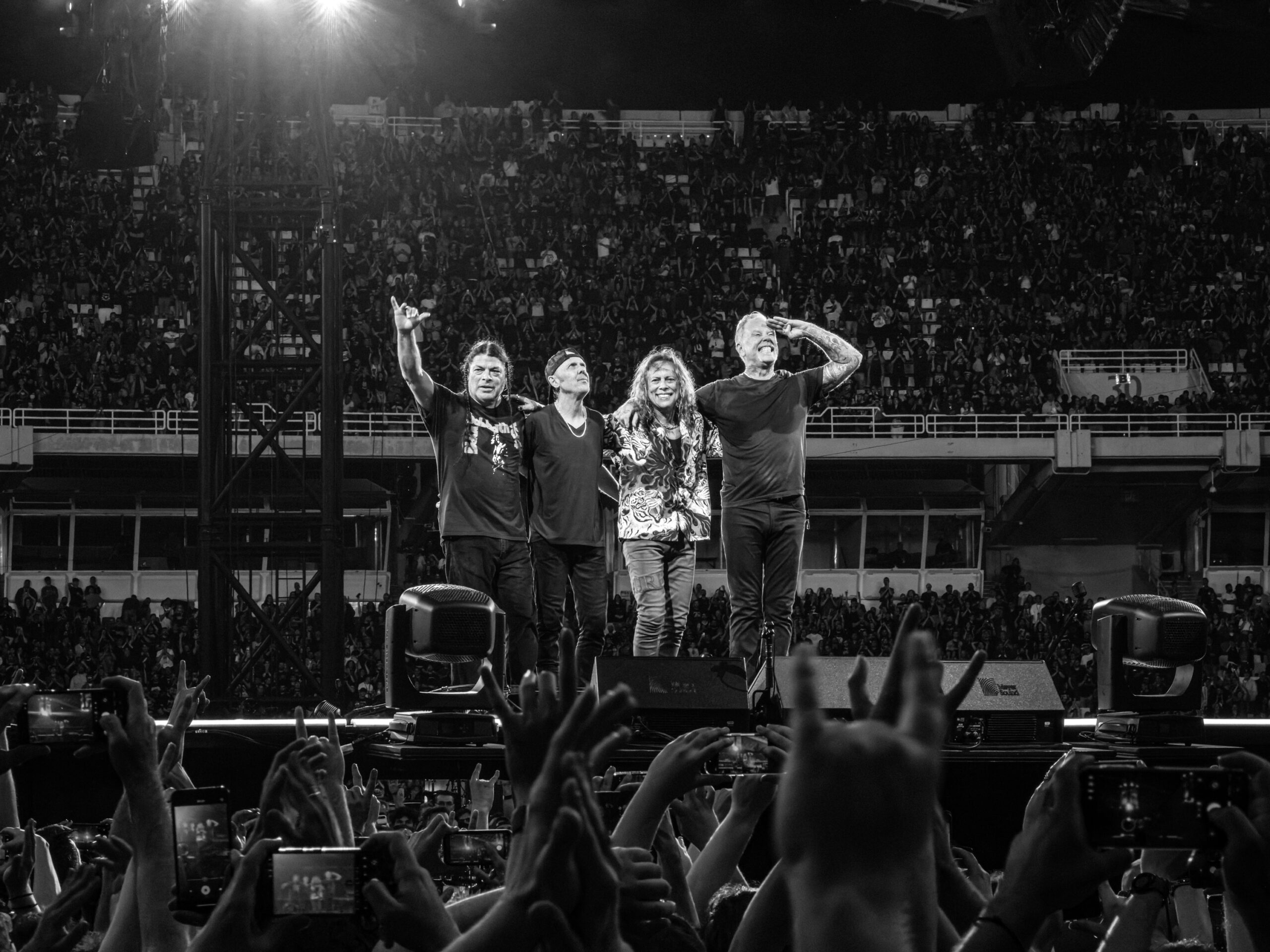 Metallica members taking a final bow in front of the crowd at OAKA Stadium, Athens, during their M72 World Tour concert in 2026