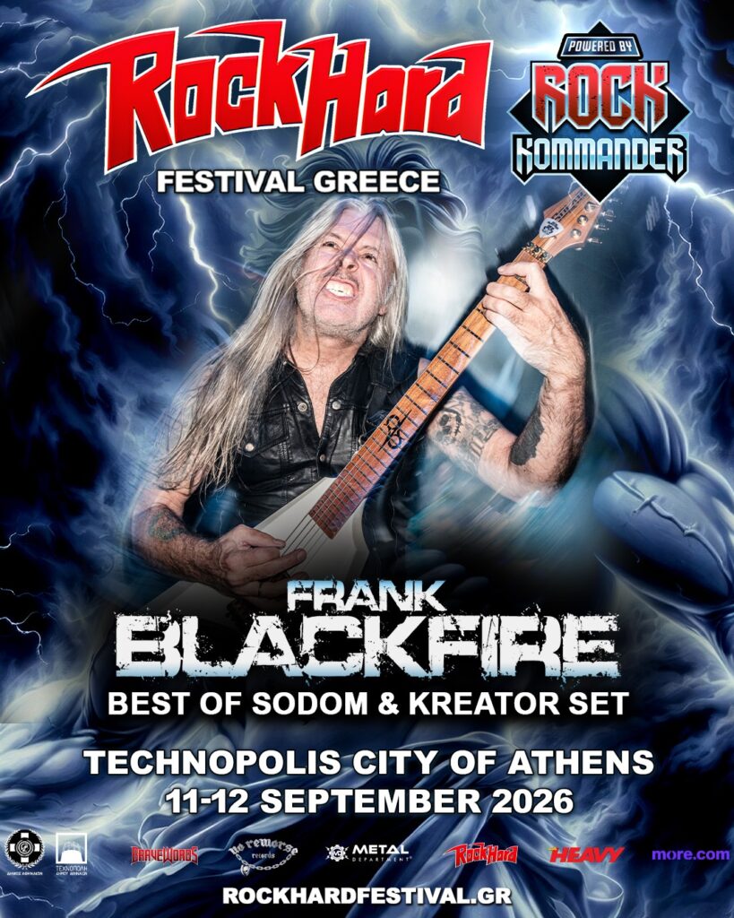 Frank Blackfire at Rock Hard Festival Greece 2026 performing a Best of Sodom and Kreator set